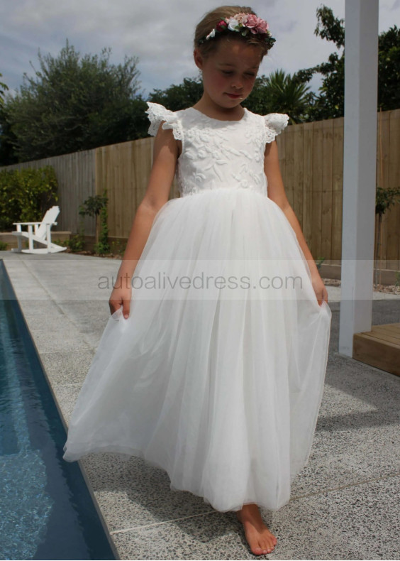 Flutter Sleeves Ivory Lace Tulle Flower Girl Dress